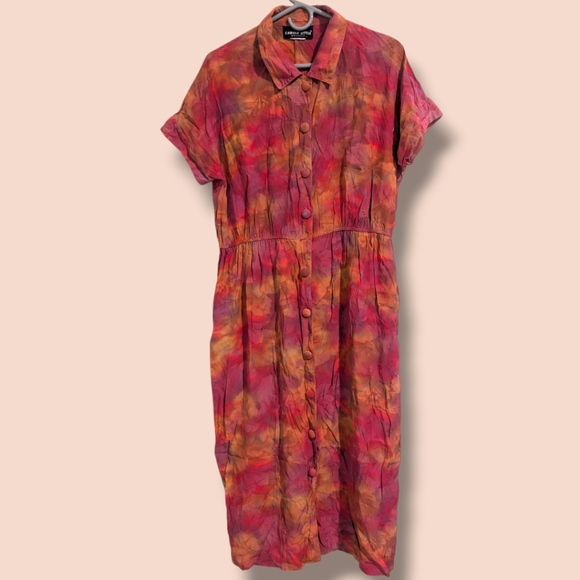 Carole Little Vintage Pink Orange Watercolor Floral Midi Shirt Dress Artsy - Picture 1 of 11